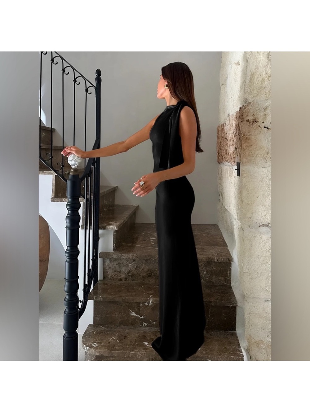 Commense Black Sleeveless Maxi Dress with High Neck Tie